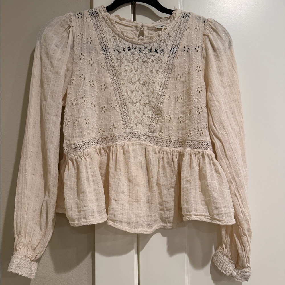 American Eagle Outfitters Cream Lace-Inset Peplum Blouse